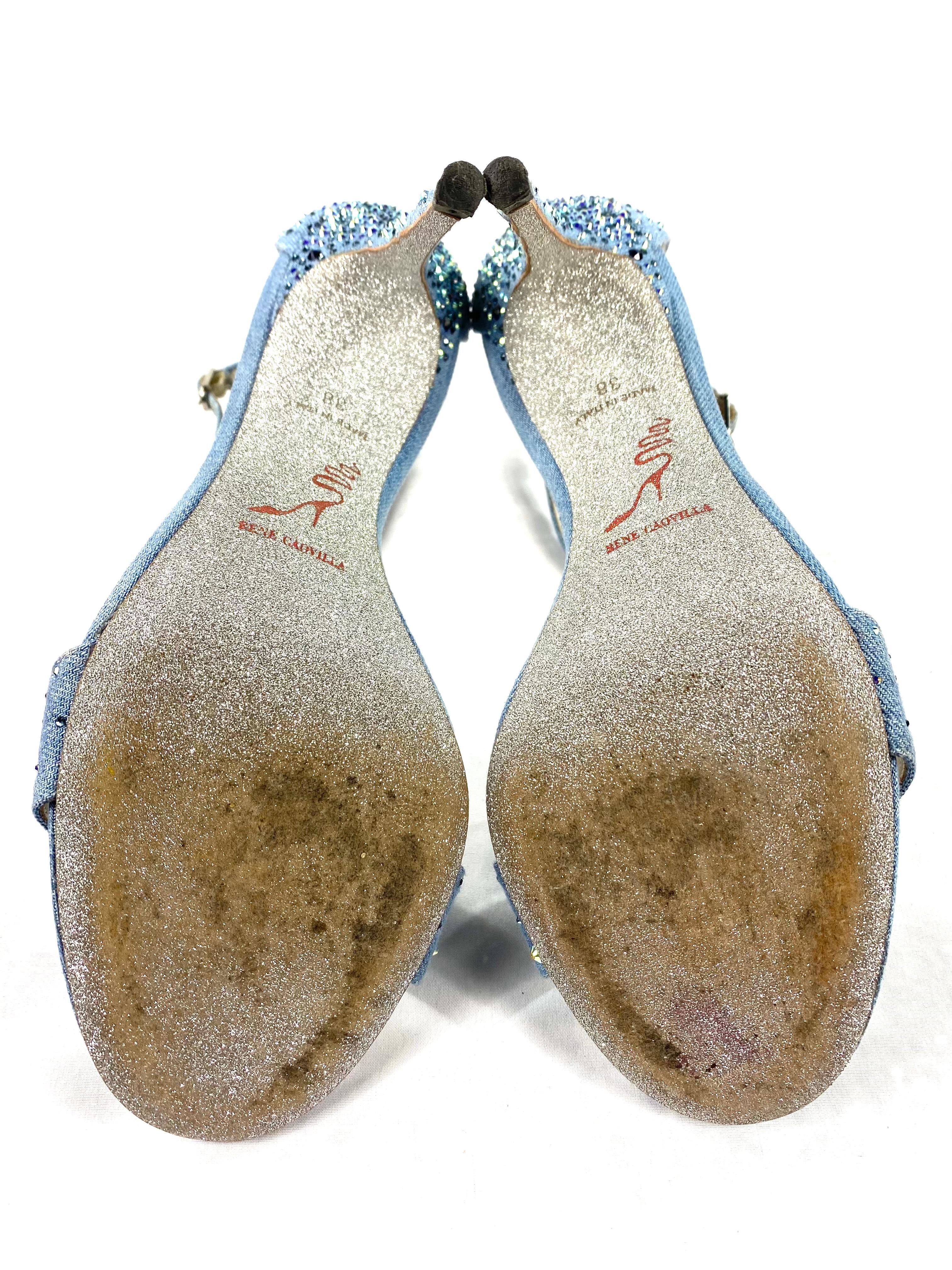 Gray Rene Caovilla Embellished Denim Strappy Sandals Heels , Size 38/ 8 For Sale
