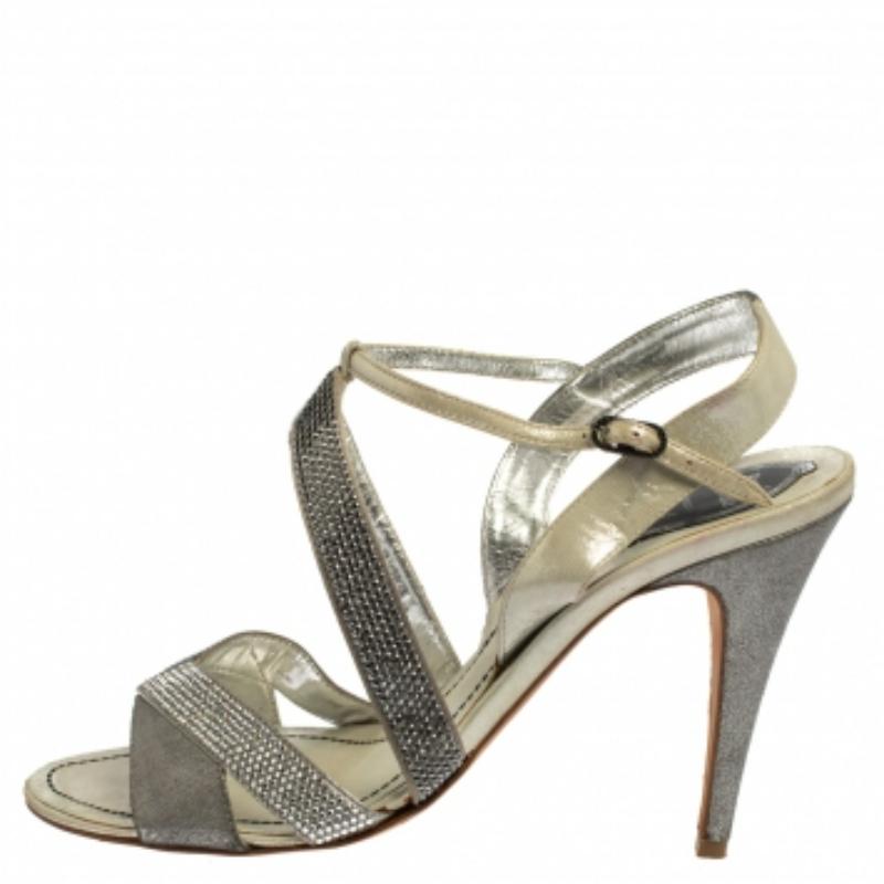 René Caovilla Embellished Satin And Nubuck Leather Ankle Strap Sandals Size 39.5 For Sale