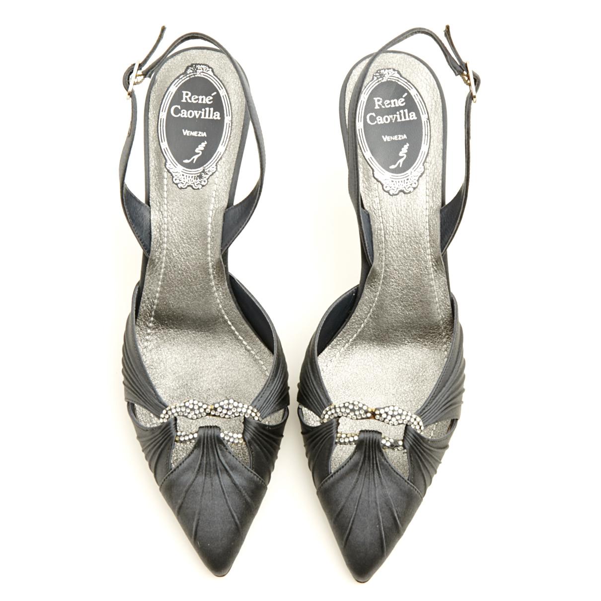 Black Rene Caovilla Escarpins EU37.5 Grey Satin Slingback Pumps Shoes US7 NIB For Sale