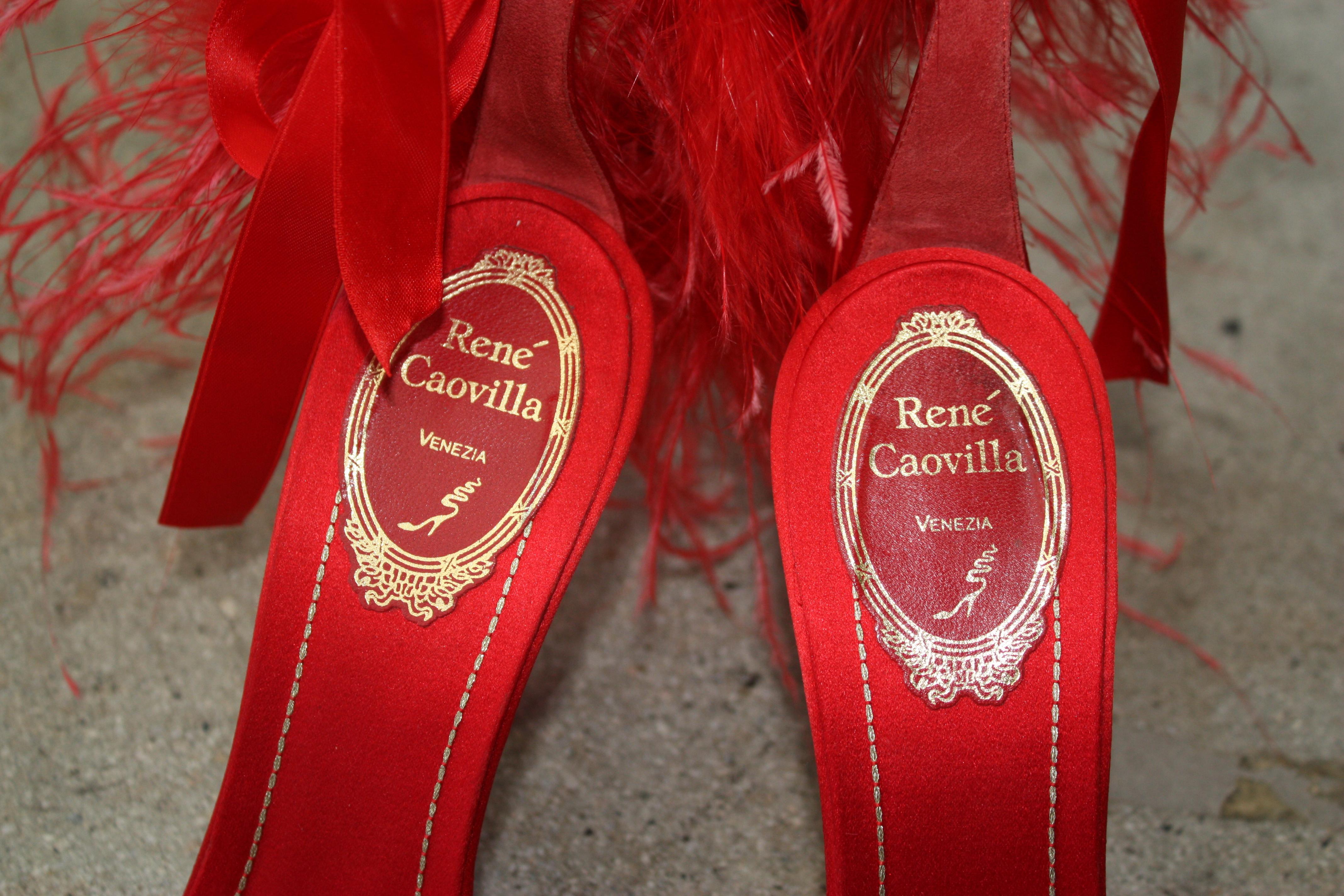 Red Rene Caovilla RED Satin and Feather Heels Size 37.5