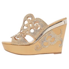 René Caovilla Gold/Beige Leather Lasercut Crystals Wedge Sandals Size 40