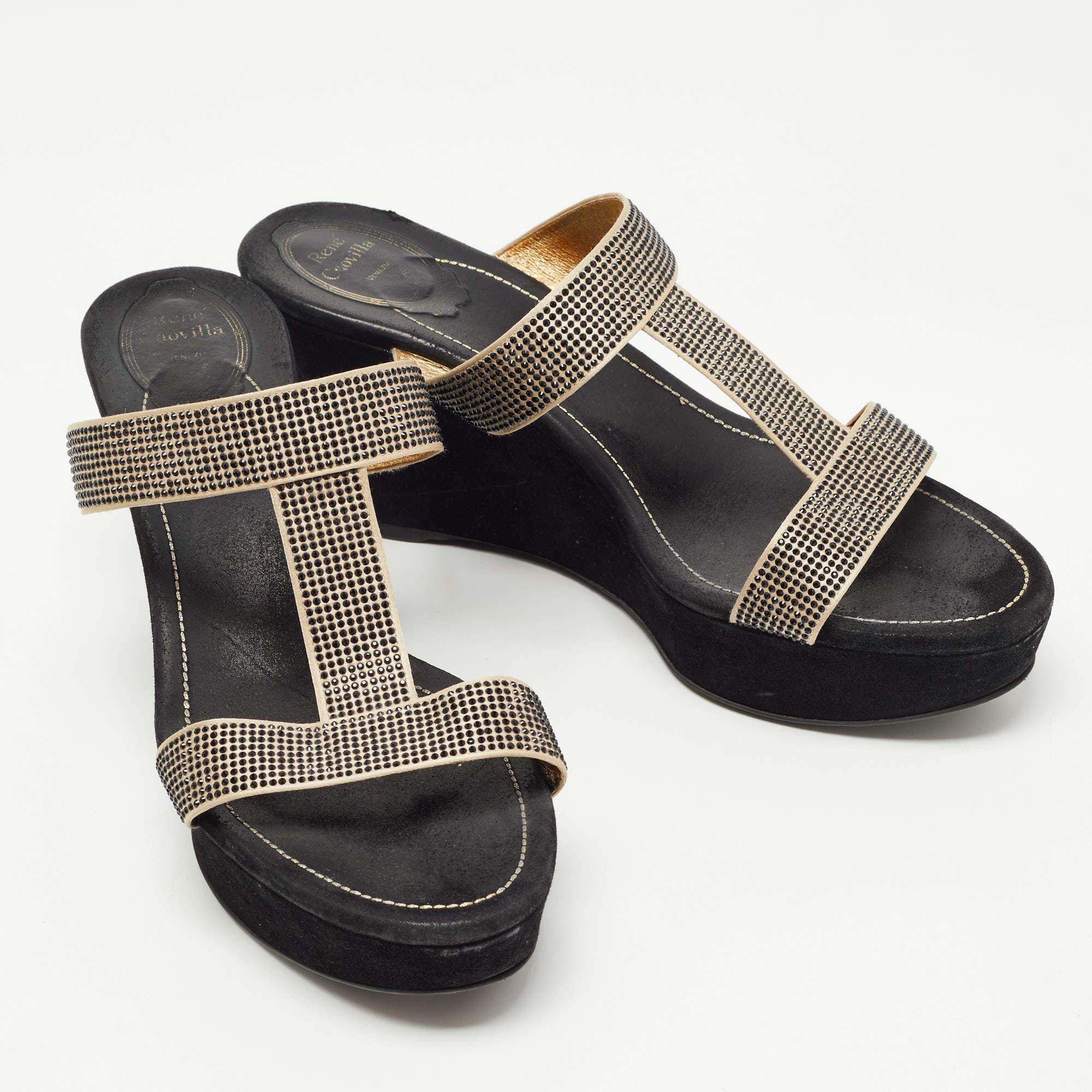 Women's René Caovilla Gold/Black Crystal Embellished Satin Platform  Slide Sandals For Sale