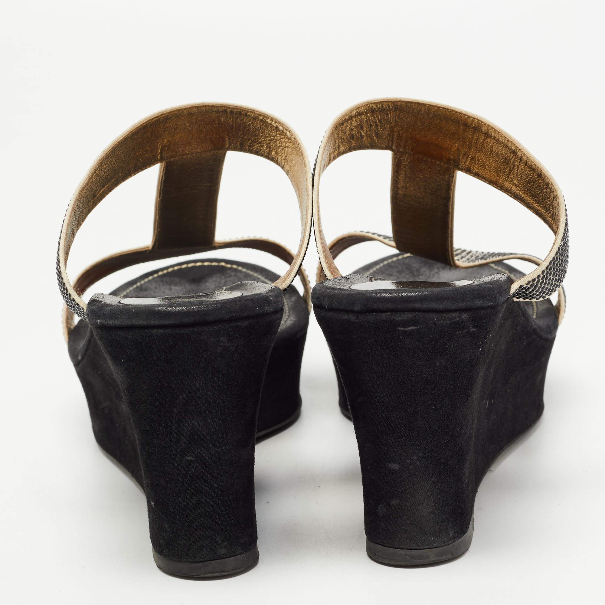 René Caovilla Gold/Black Crystal Embellished Satin Platform  Slide Sandals For Sale 1