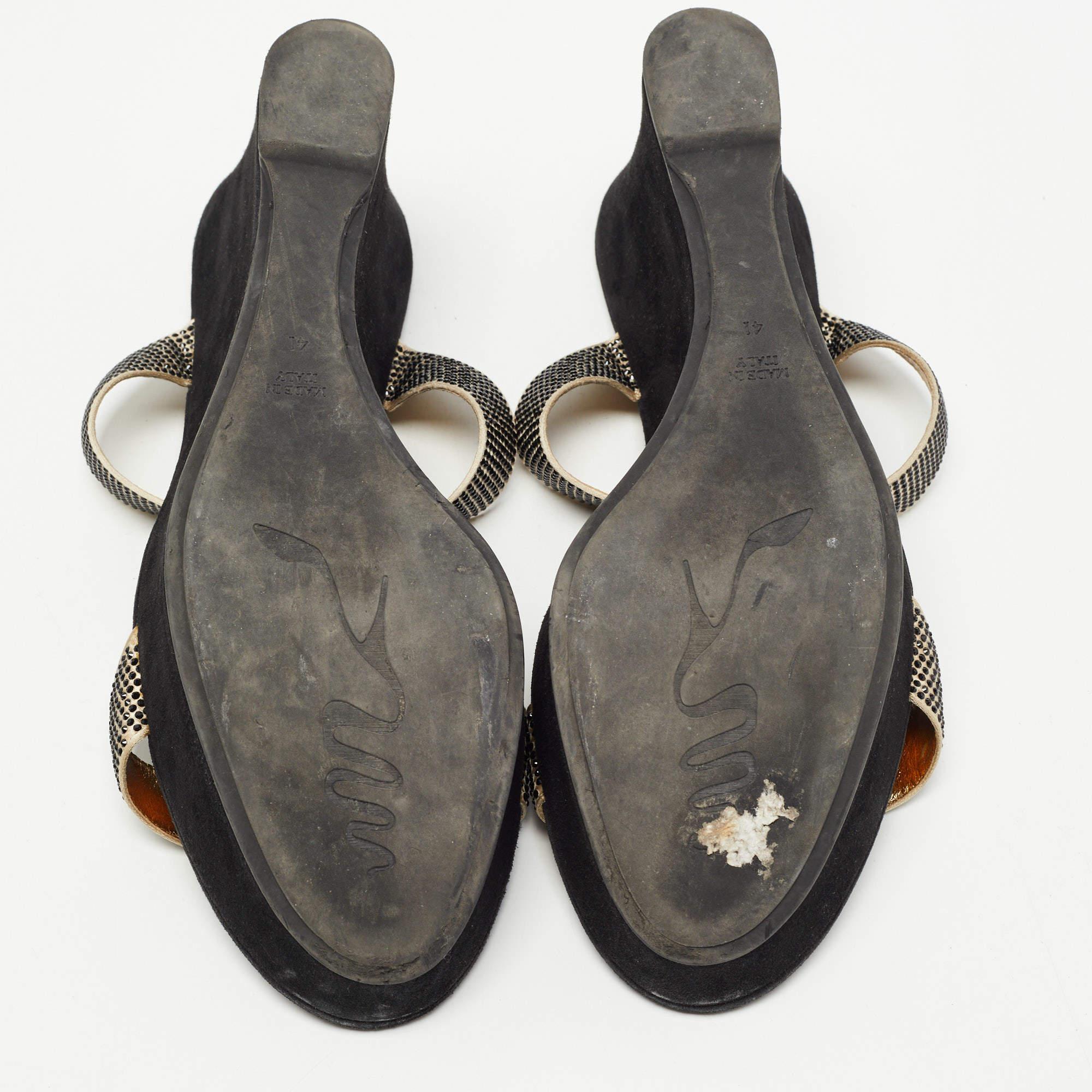 René Caovilla Gold/Black Crystal Embellished Satin Platform  Slide Sandals For Sale 2