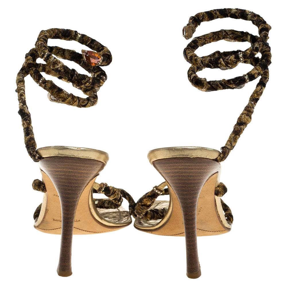 René Caovilla Gold/Brown Crystal Embellishment Cleo Spiral Sandals Size 40 In Good Condition In Dubai, Al Qouz 2