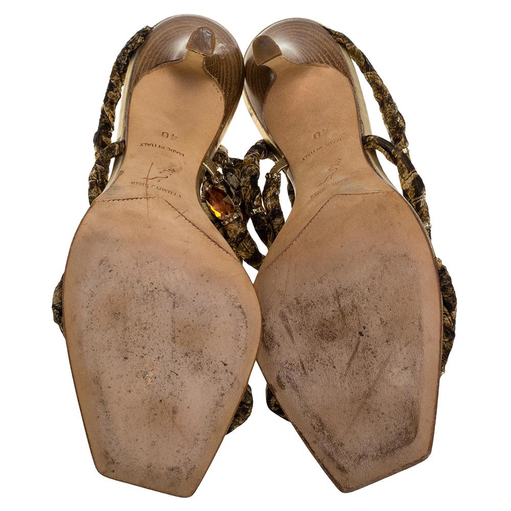Women's René Caovilla Gold/Brown Crystal Embellishment Cleo Spiral Sandals Size 40