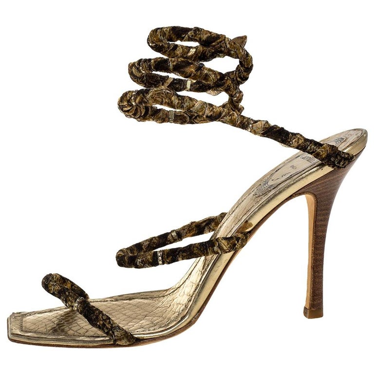 René Caovilla Gold/Brown Crystal Embellishment Cleo Spiral Sandals Size ...
