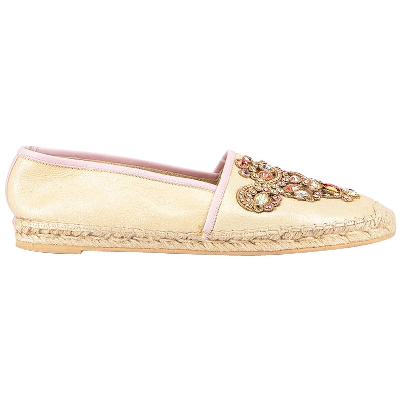 René Caovilla Gold Leather Jewelled Espadrilles Size IT 39