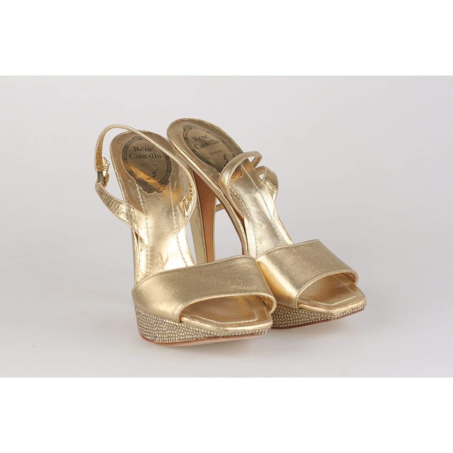 René Caovilla Gold Sandals Heels Shoes with Crystals Size 36 IT In Excellent Condition In Rome, Rome