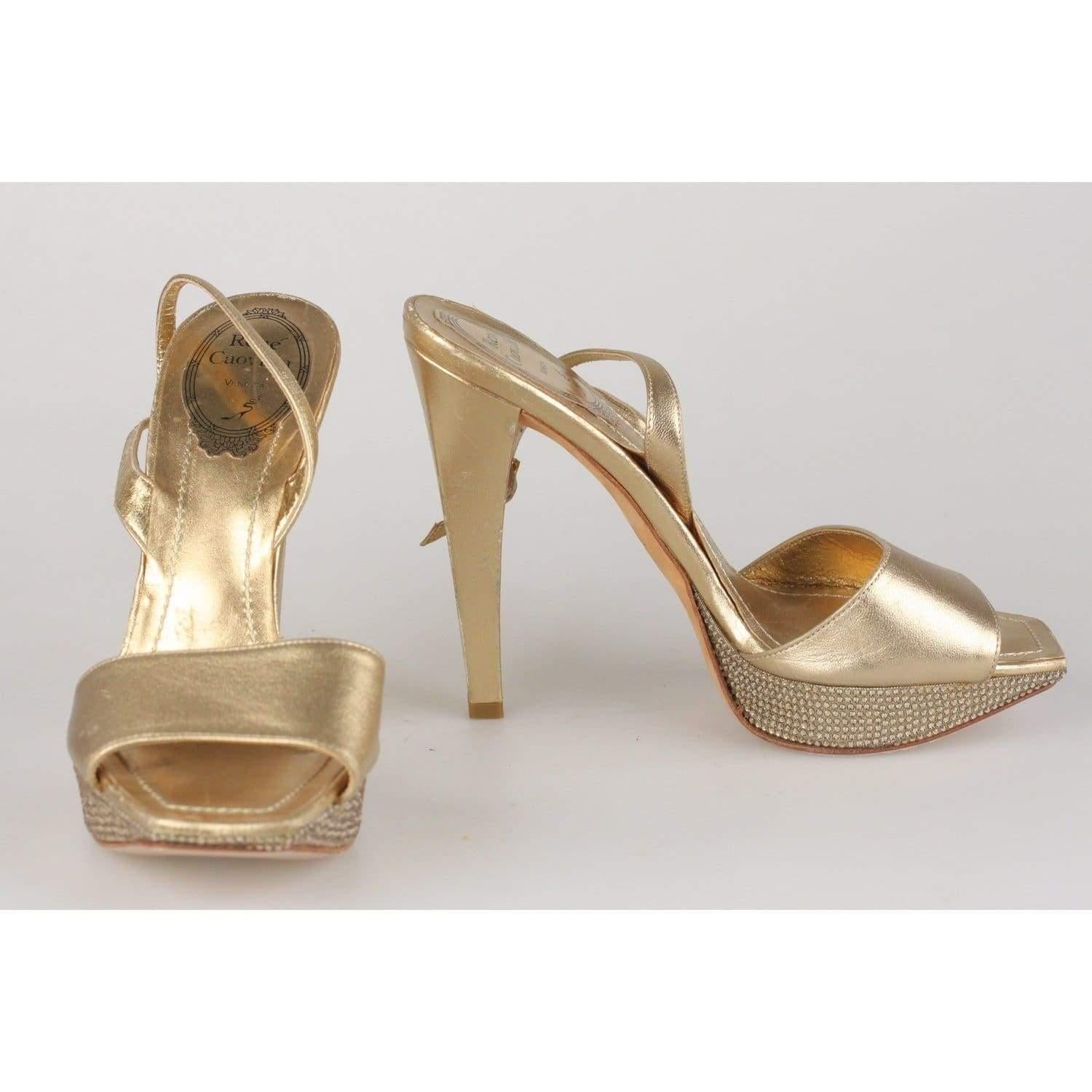 René Caovilla Gold Sandals Heels Shoes with Crystals Size 36 IT 2