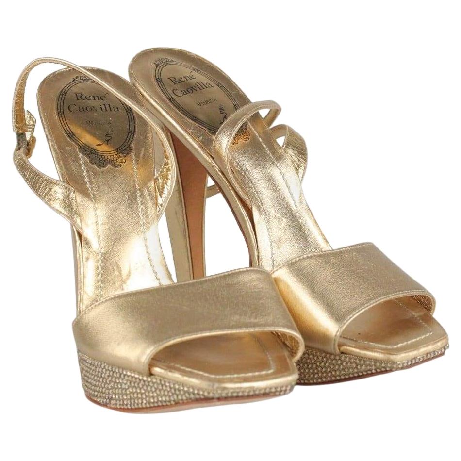 René Caovilla Gold Sandals Heels Shoes with Crystals Size 36 IT