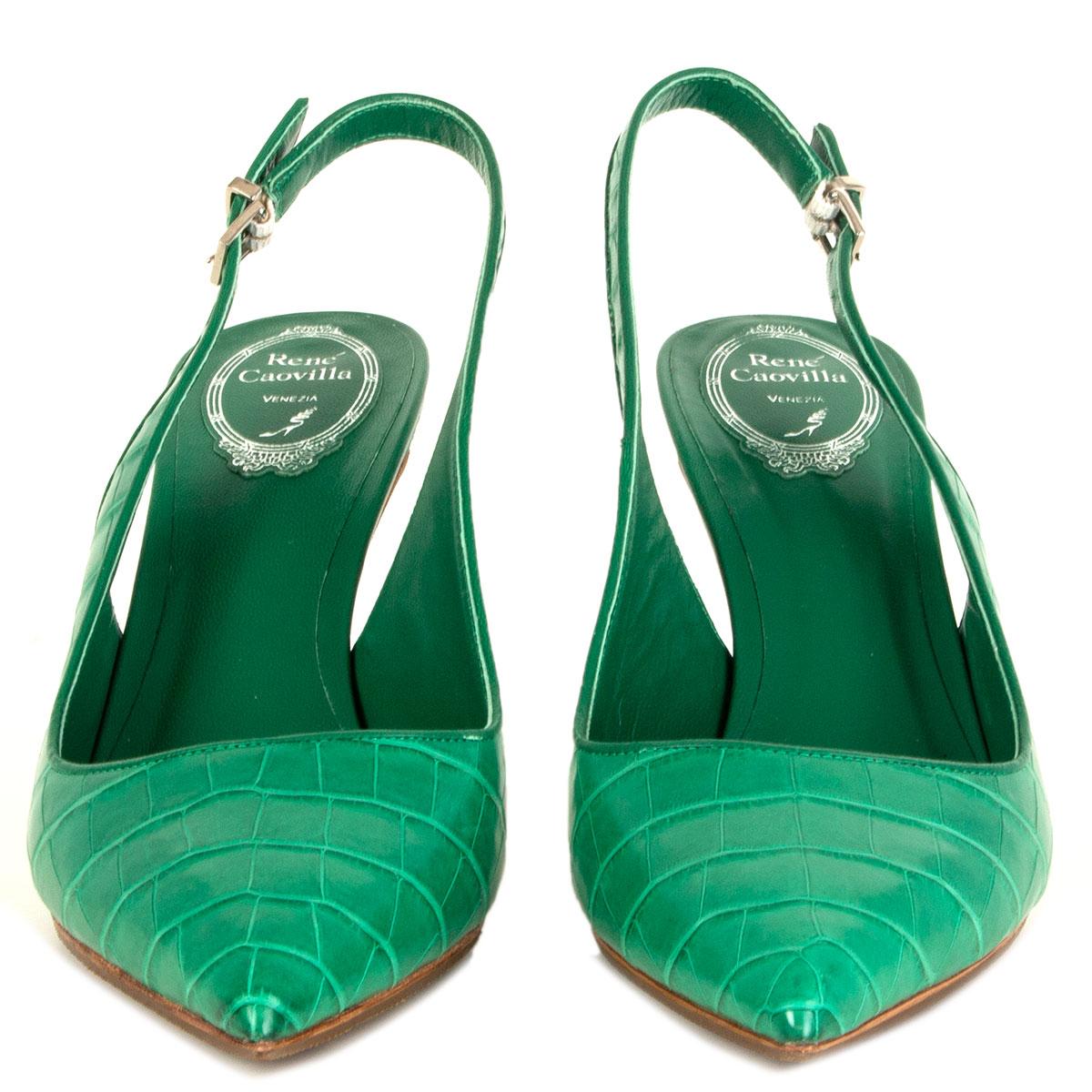 100% authentic René Caovilla NADINE slingbacks in emerald green crocodile leather. Have been worn once and are in virtually new condition. Rubber sole has been added. 

Measurements
Imprinted Size	41
Shoe Size	41
Inside Sole	27cm (10.5in)
Width	8cm