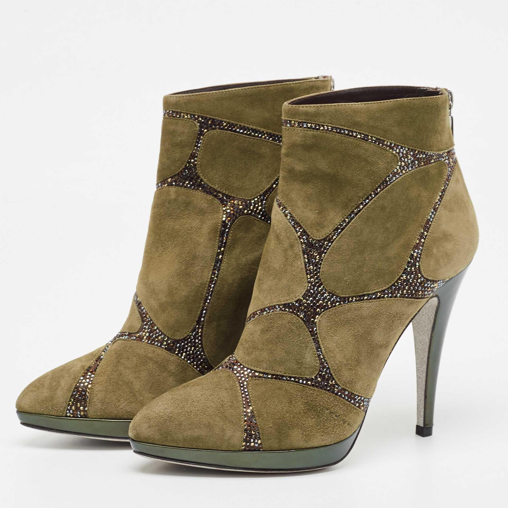 René Caovilla Green Suede Crystal Embellished Ankle Boots Size 39 For Sale 1