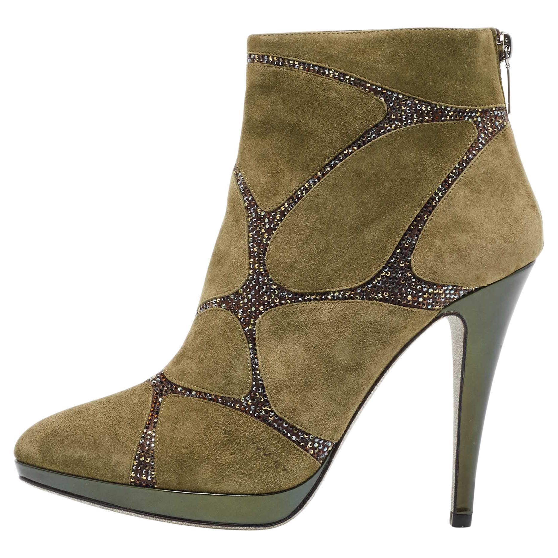 René Caovilla Green Suede Crystal Embellished Ankle Boots Size 39 For Sale