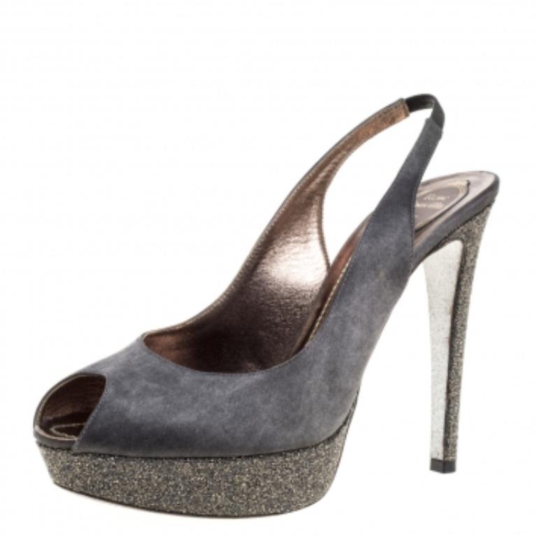Rene Caovilla Grey Satin Peep Toe Slingback Platform Sandals Size 40.5 For Sale 1