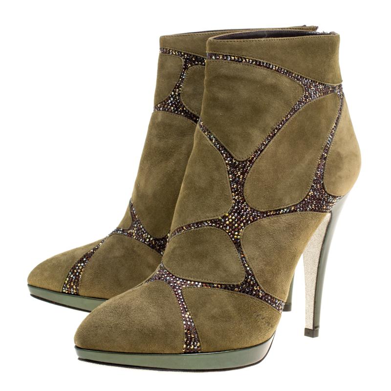 Women's René Caovilla Khaki Green Suede Crystal Embellished Boots Size 39