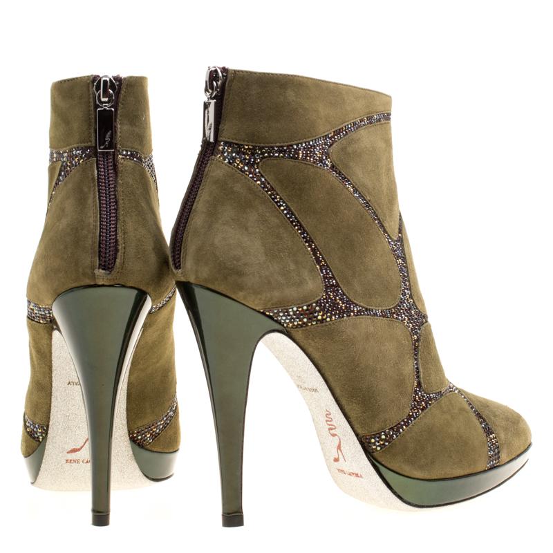 Beige René Caovilla Khaki Green Suede Crystal Embellished Boots Size 39