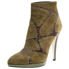 René Caovilla Khaki Green Suede Crystal Embellished Boots Size 39