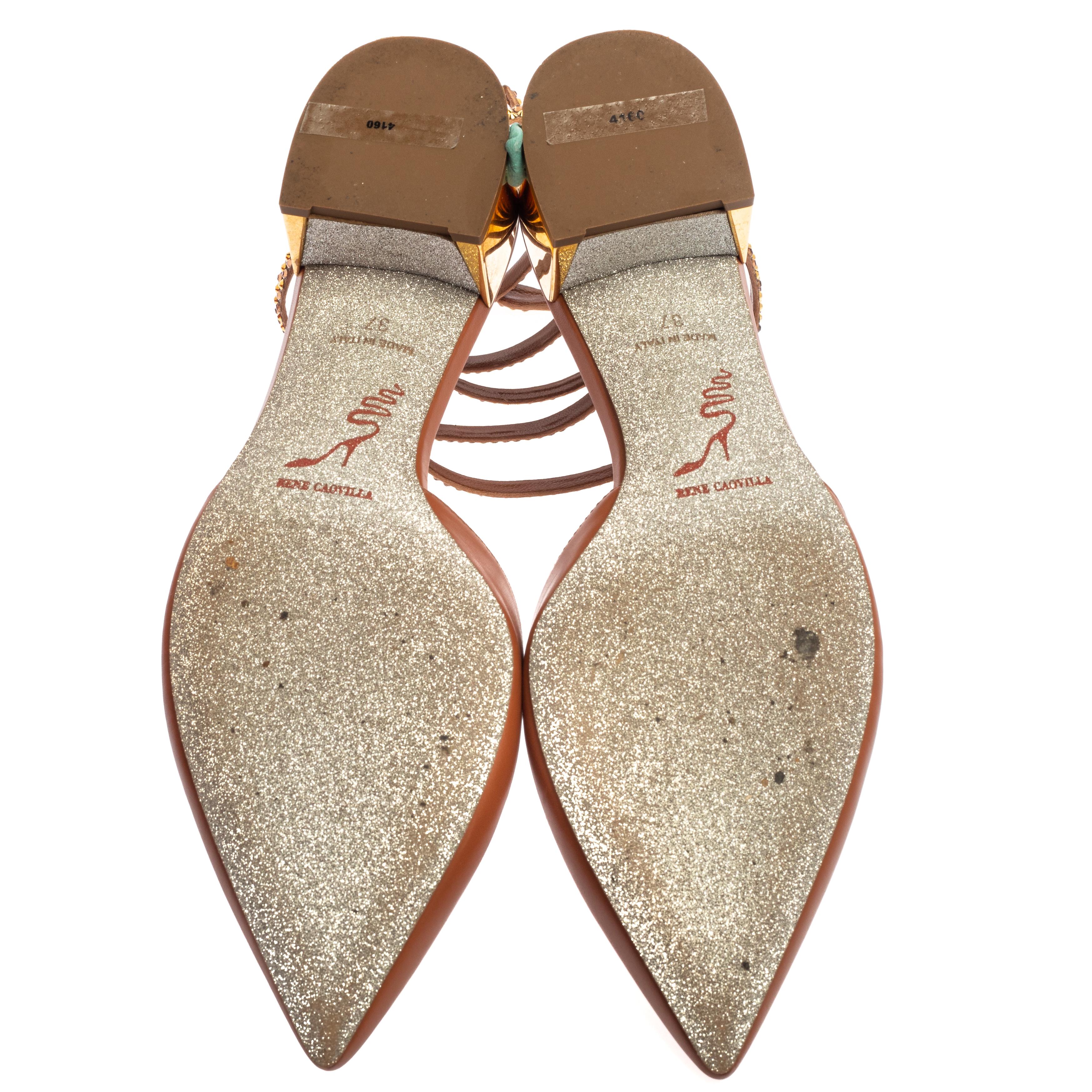Women's Rene Caovilla Light Brown Cleo Crystal-Embellished Sandals Size 37