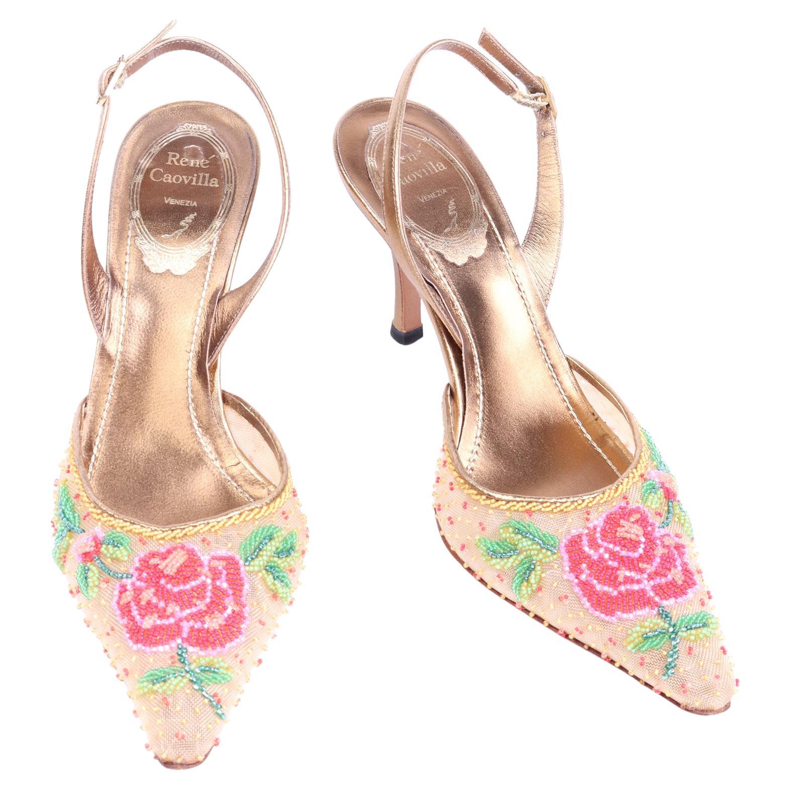 Rene Caovilla Mesh Beaded Slingback Shoes With Red and Pink Roses and Gold  Trim For Sale at 1stDibs