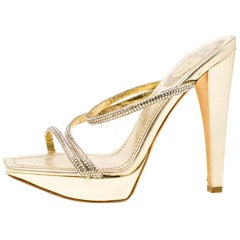 René Caovilla Metallic Gold Crystal Leather Cross Strap Platform Sandals Size 36