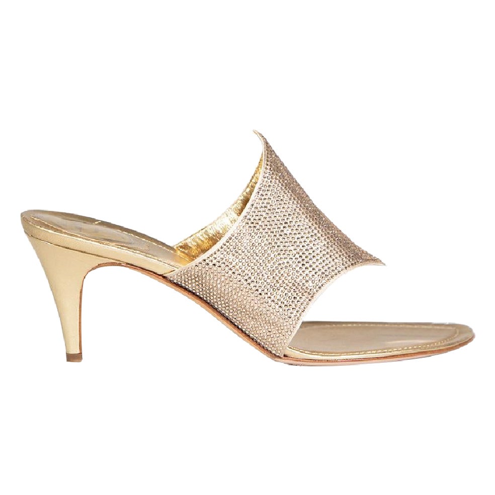 Rene Caovilla Metallic Gold Embellished Mules Size IT 40.5 For Sale