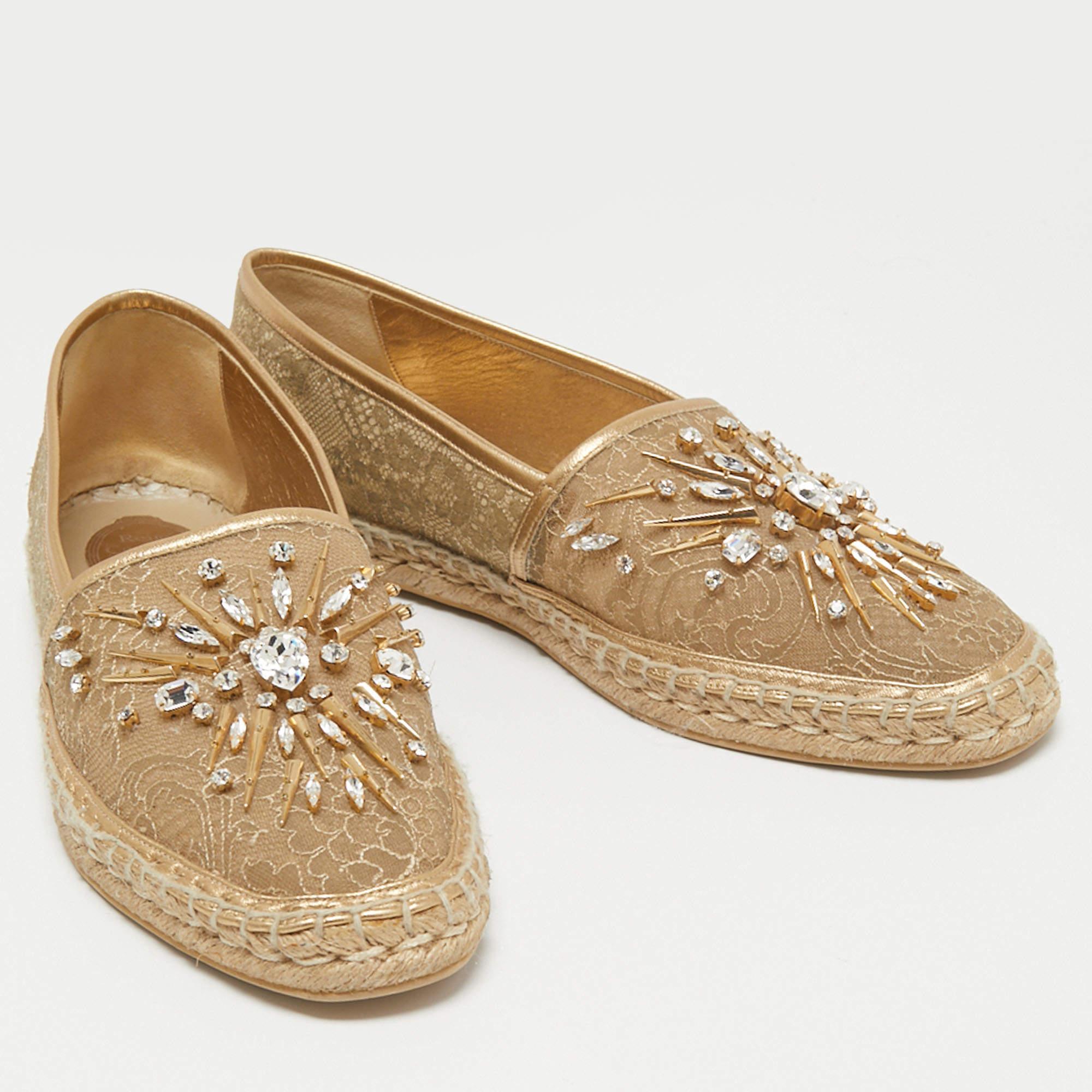 Women's René Caovilla Metallic Gold Lace 7 Leather Embellished Espadrille Flat Size 40