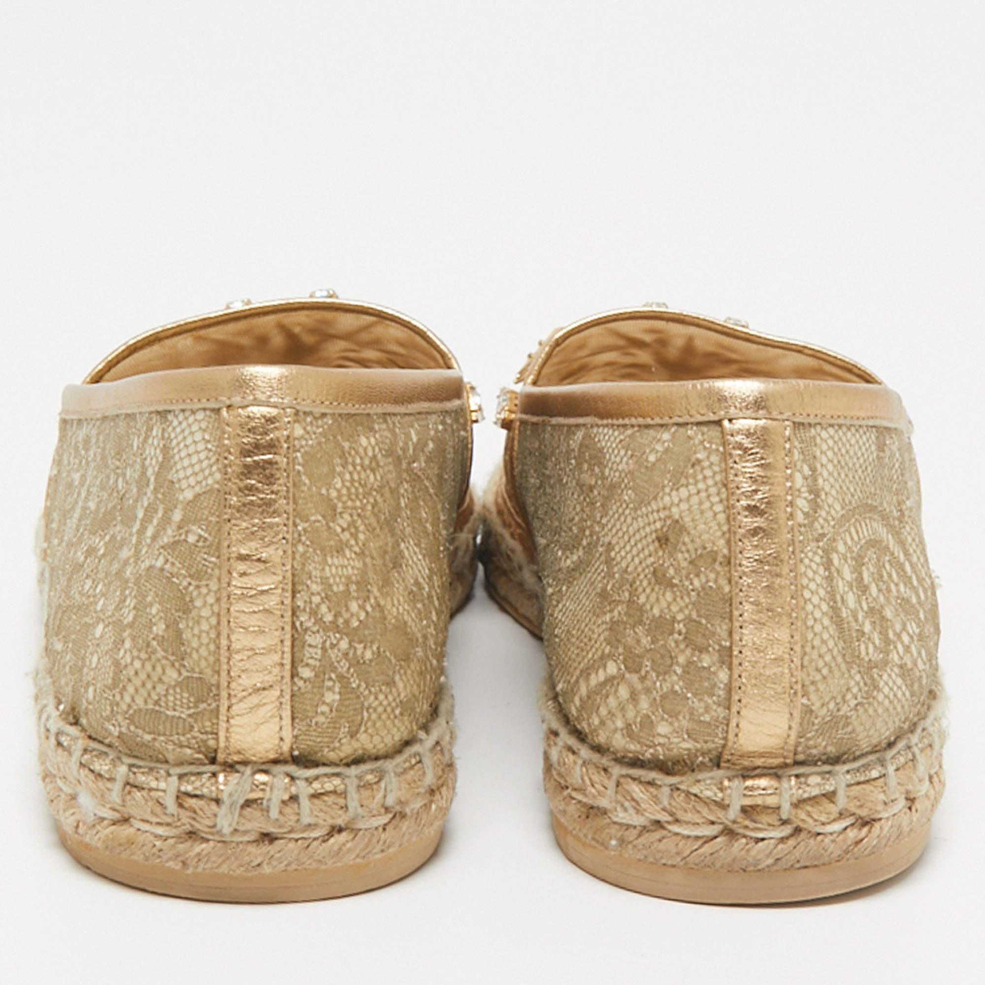 René Caovilla Metallic Gold Lace 7 Leather Embellished Espadrille Flat Size 40 1