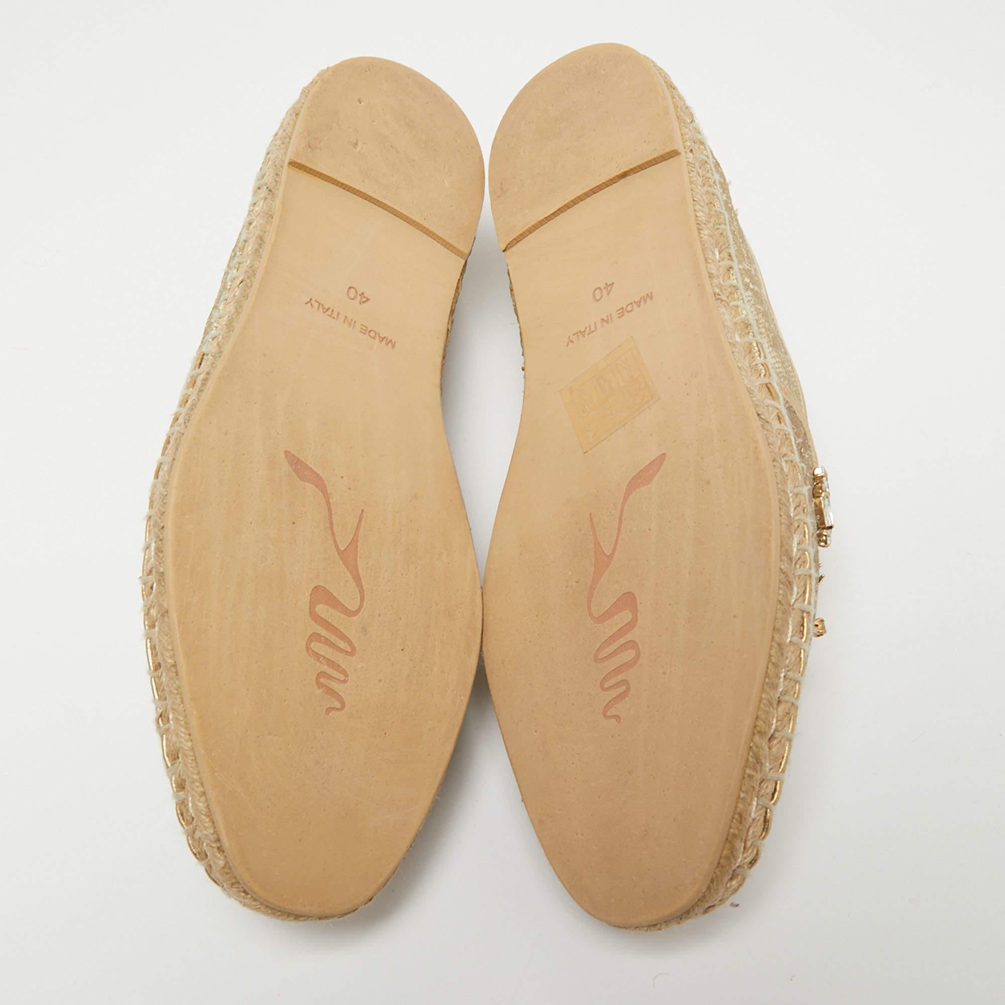 René Caovilla Metallic Gold Lace 7 Leather Embellished Espadrille Flat Size 40 2