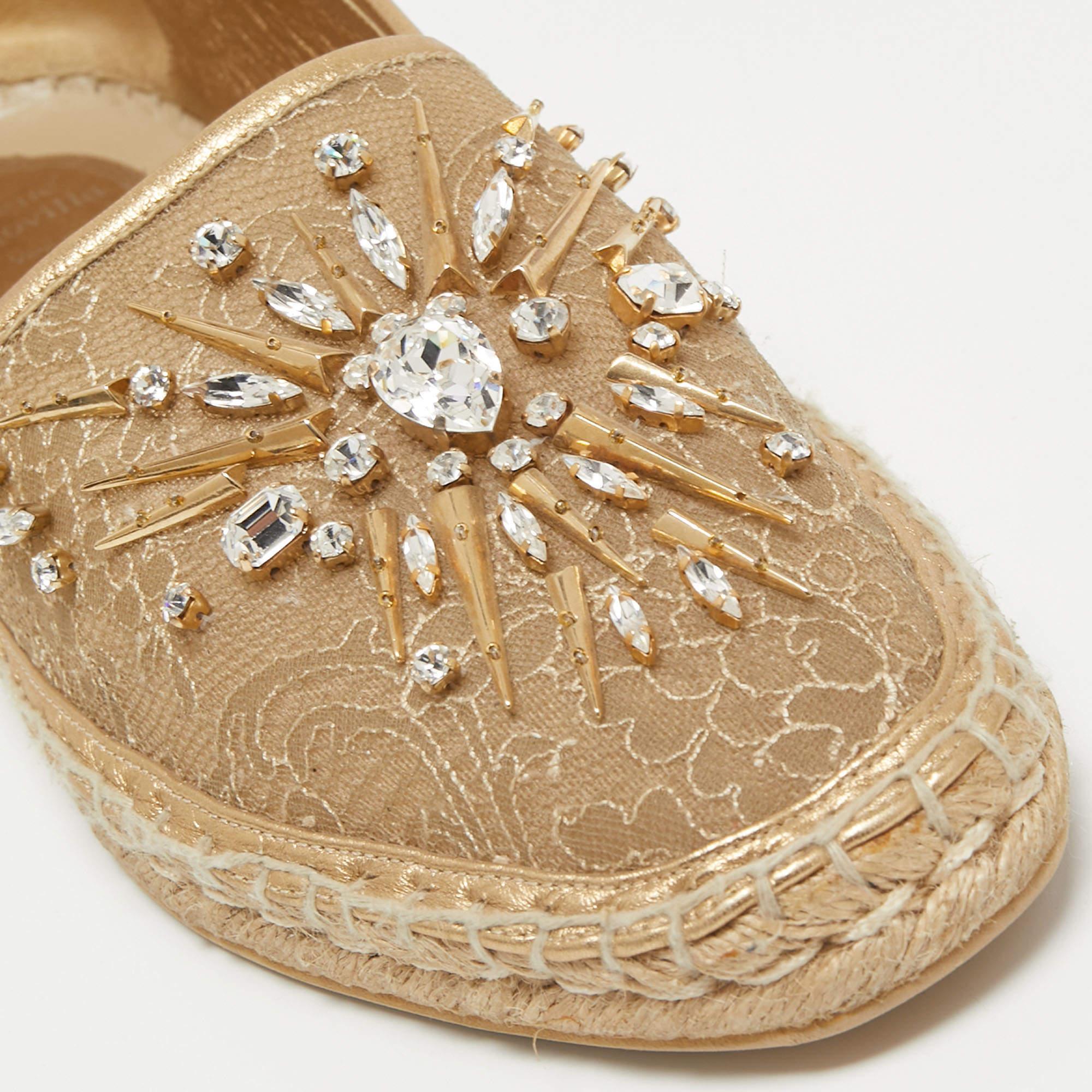 René Caovilla Metallic Gold Lace 7 Leather Embellished Espadrille Flat Size 40 3