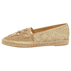 René Caovilla Metallic Gold Lace 7 Leather Embellished Espadrille Flat Size 40
