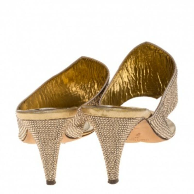 Women's Rene Caovilla Metallic Gold Satin Crystal Embellished Slide Sandals Size 38 For Sale