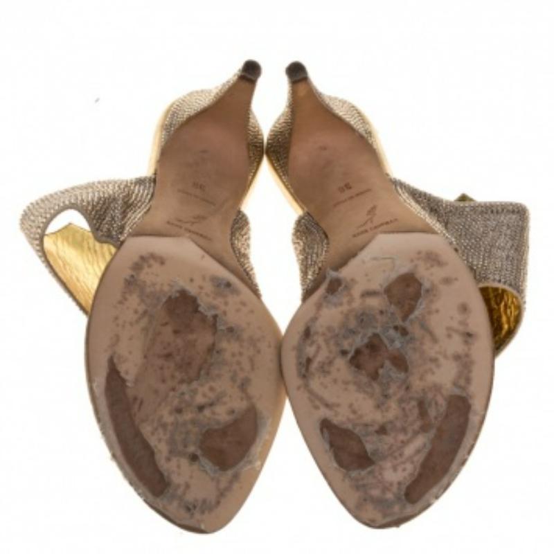 Rene Caovilla Metallic Gold Satin Crystal Embellished Slide Sandals Size 38 For Sale 1