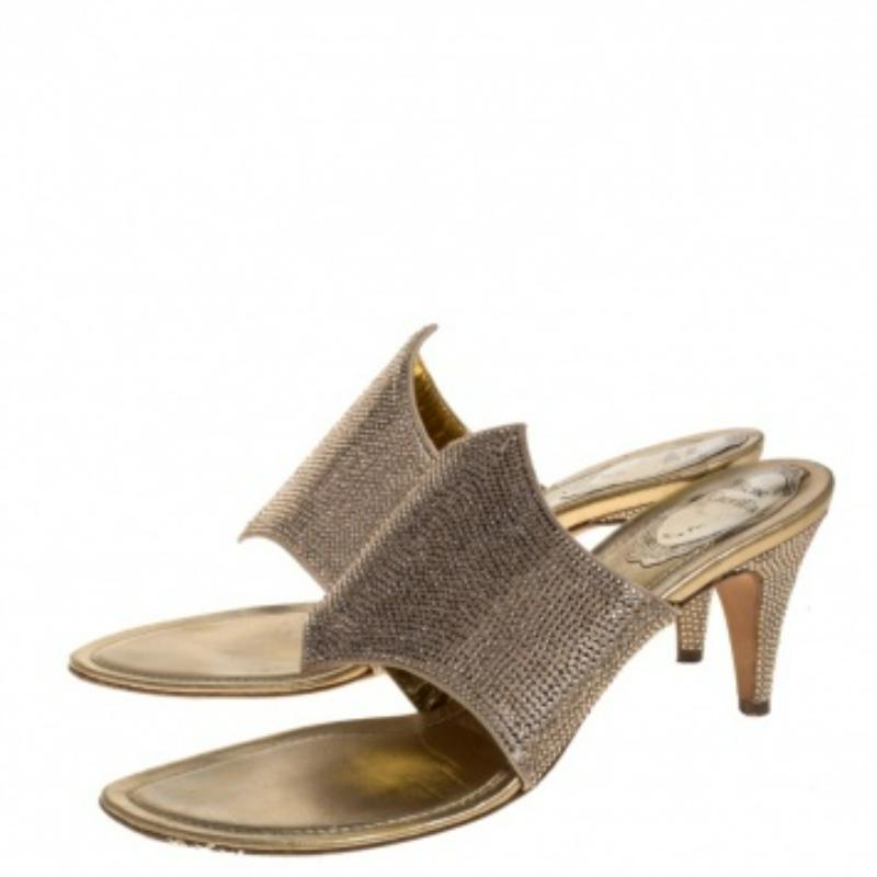 Rene Caovilla Metallic Gold Satin Crystal Embellished Slide Sandals Size 38 For Sale 2