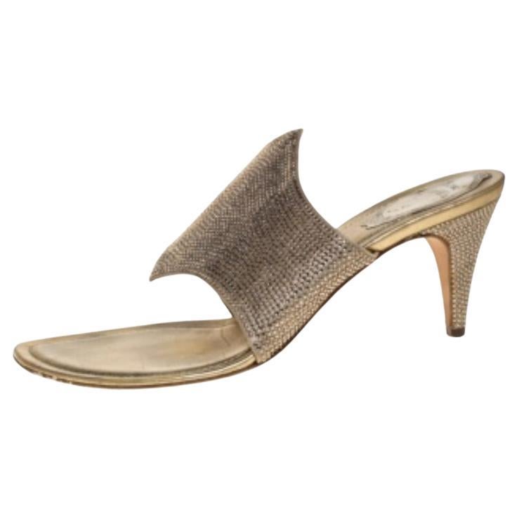 Rene Caovilla Metallic Gold Satin Crystal Embellished Slide Sandals Size 38 For Sale