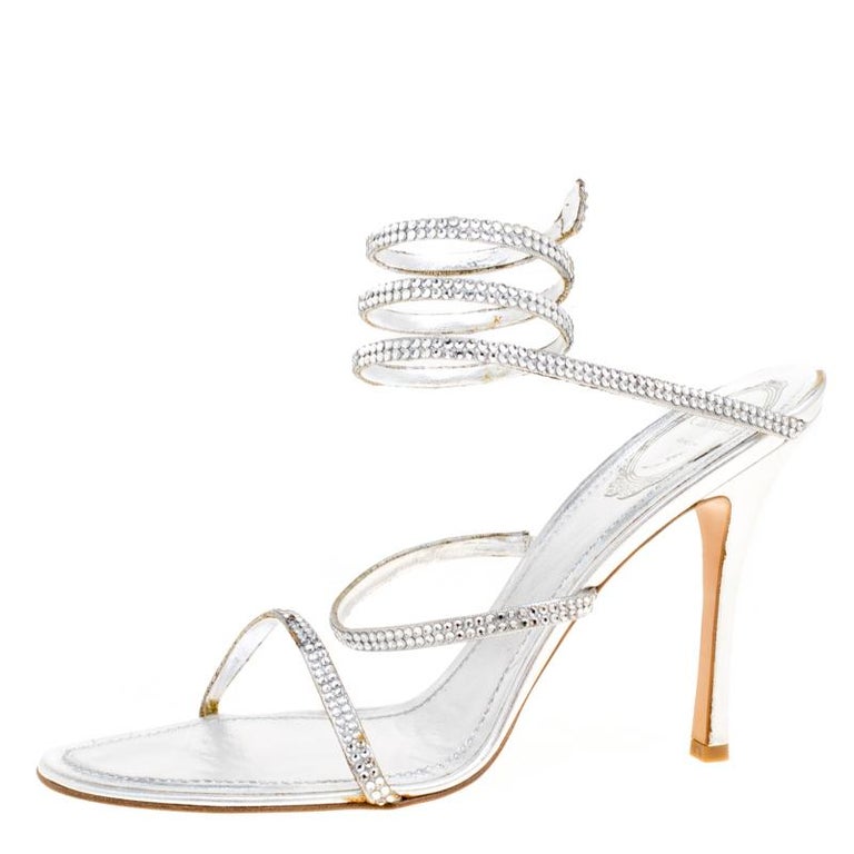 René Caovilla Metallic Silver Crystal Embellished Ankle Wrap Sandals ...