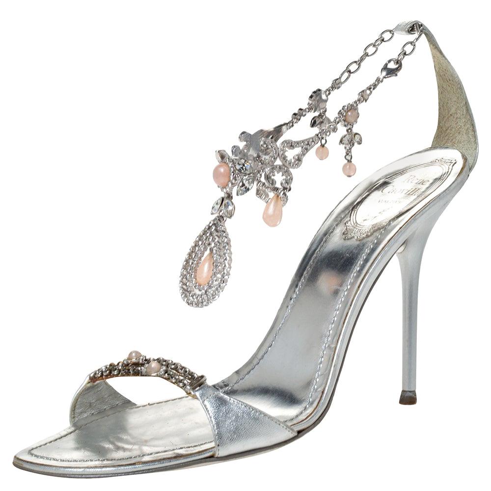 René Caovilla Metallic Silver Embellished Anklet Open Toe Sandals Size ...