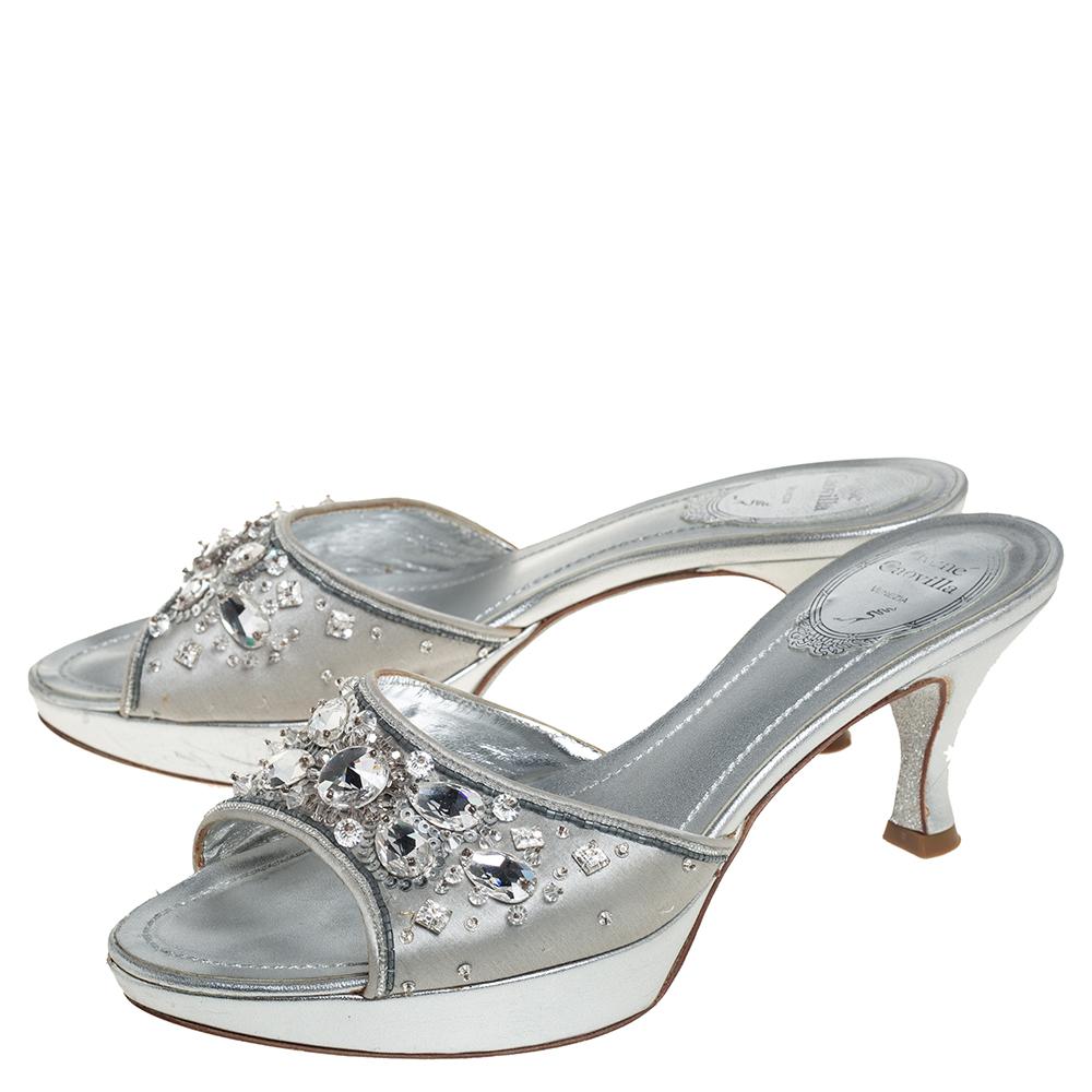 Women's René Caovilla Metallic Silver Satin Crystal Embellished Slide Sandals Size 38