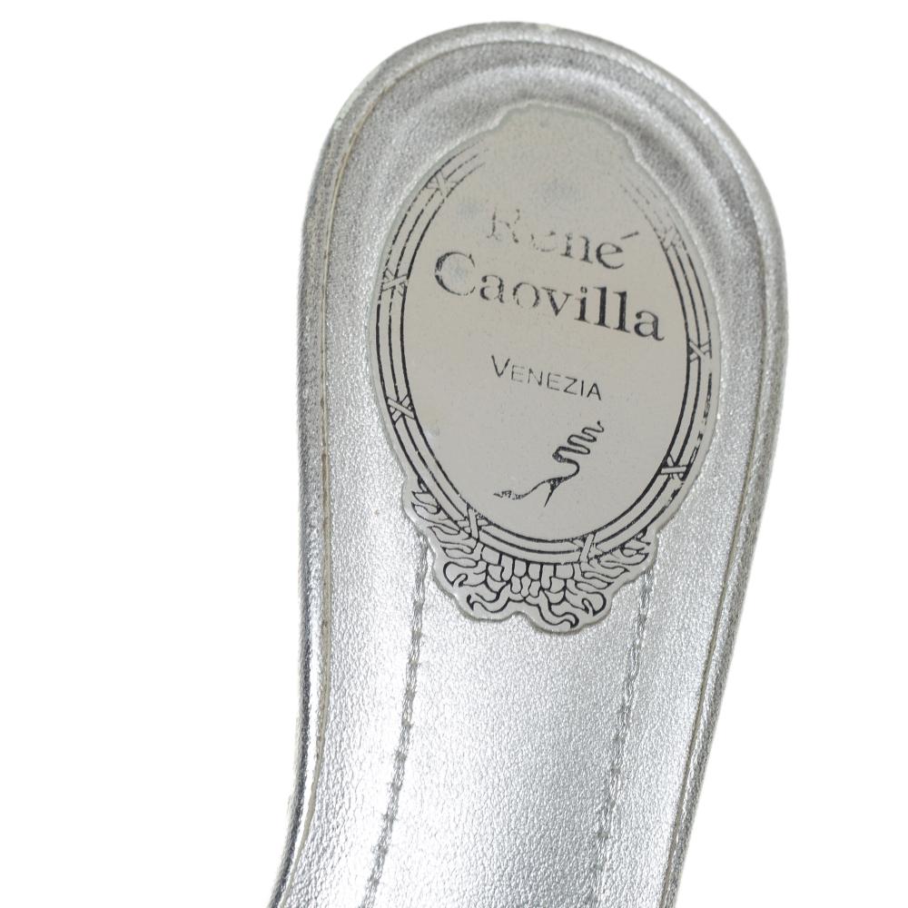 René Caovilla Metallic Silver Satin Crystal Embellished Slide Sandals Size 38 1