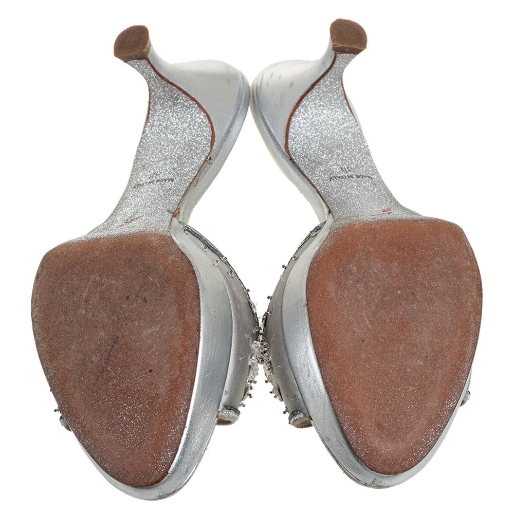 René Caovilla Metallic Silver Satin Crystal Embellished Slide Sandals Size 38 2