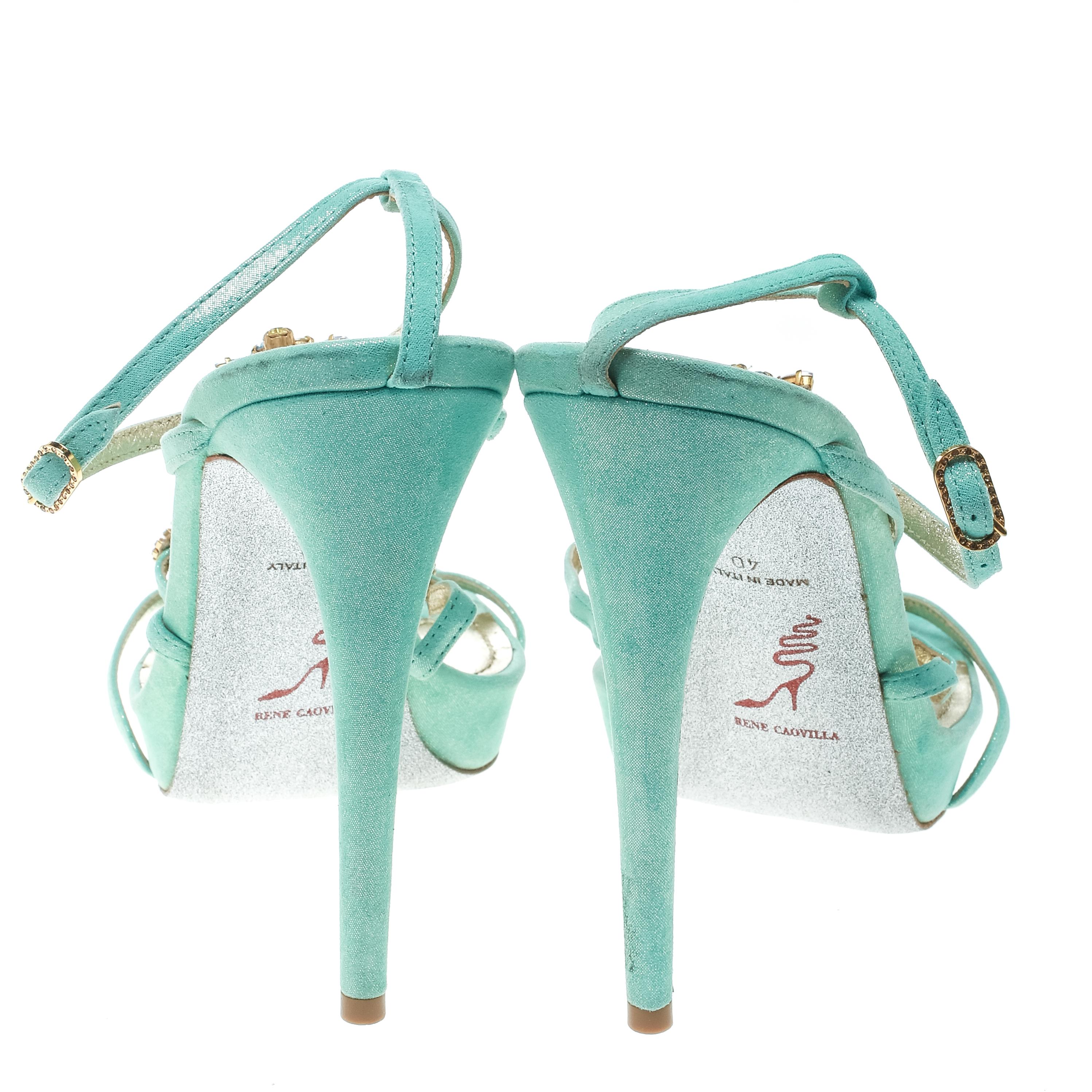 Gray René Caovilla Mint Blue Suede Crystal Embellished Strappy Sandals Size 40