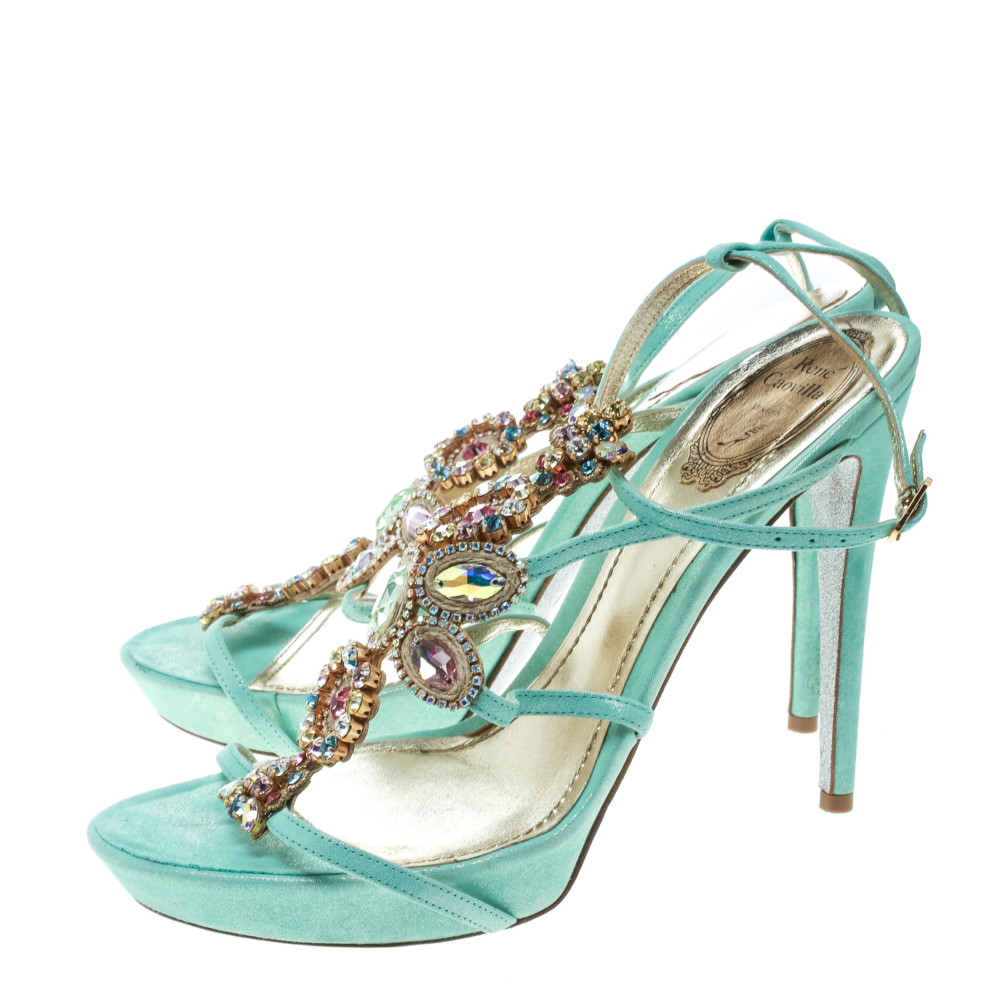 René Caovilla Mint Blue Suede Crystal Embellished Strappy Sandals Size 40 2