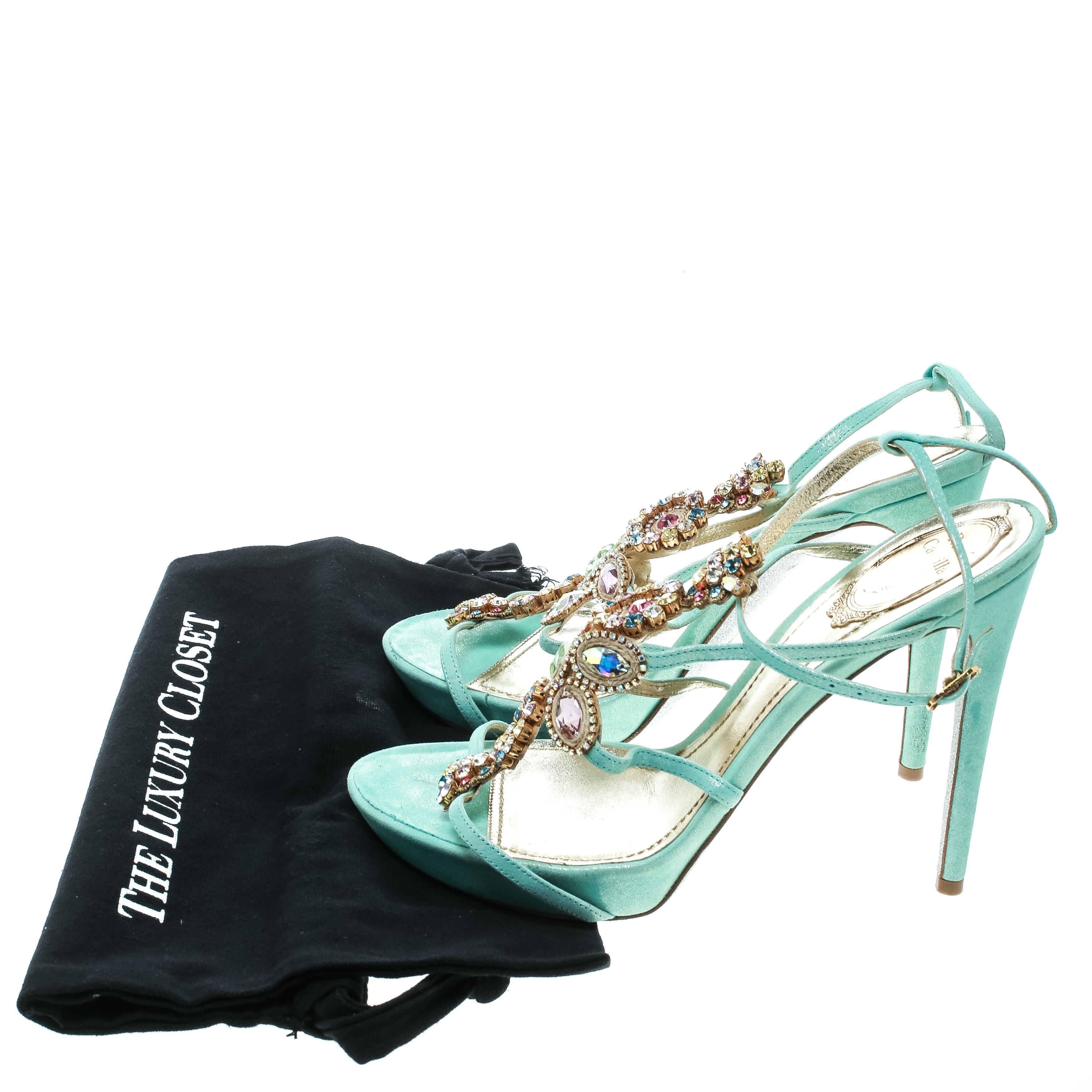 René Caovilla Mint Blue Suede Crystal Embellished Strappy Sandals Size 40 3