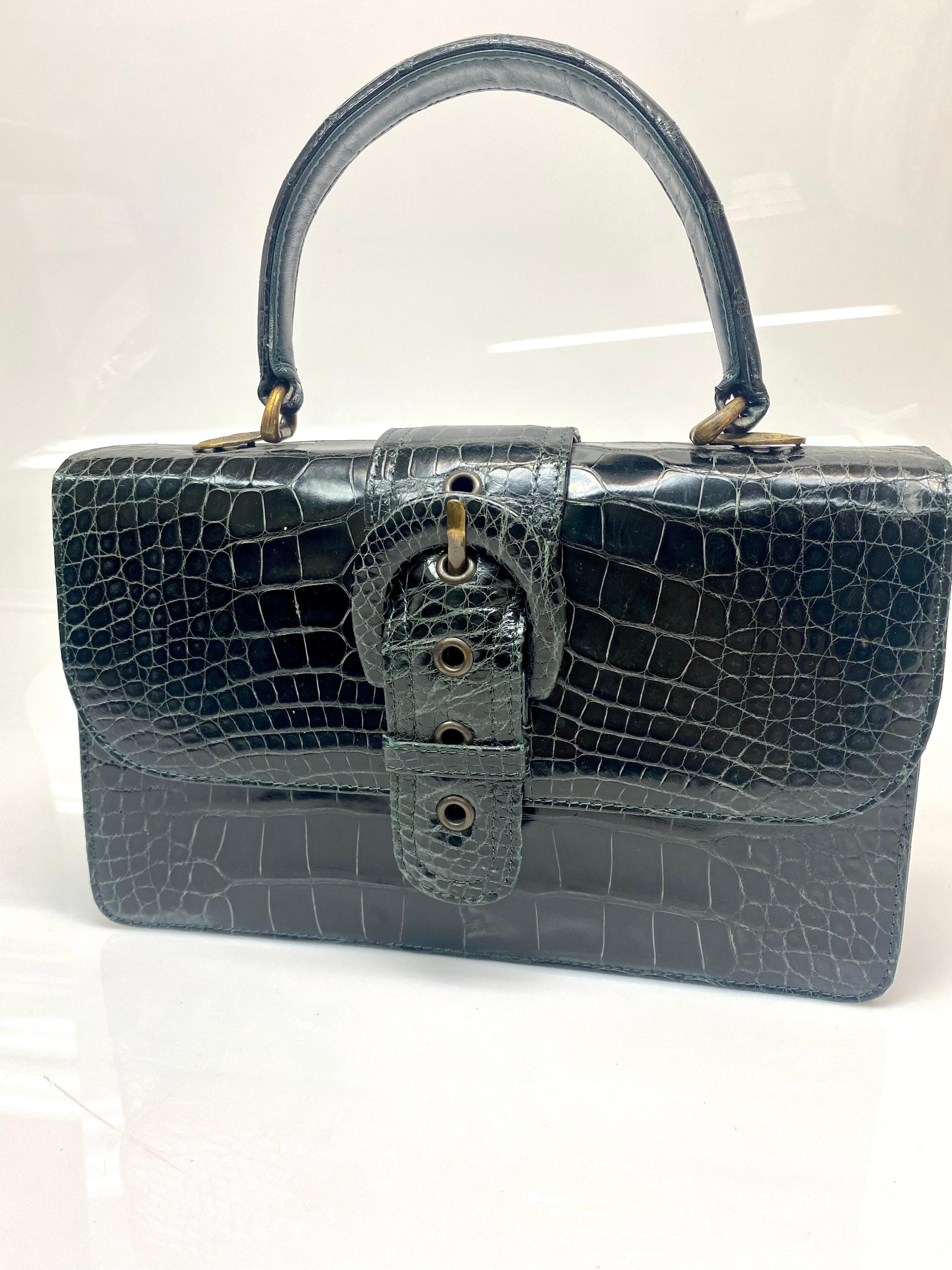 Black Rene Caovilla Moss Green Alligator Skin Handbag For Sale