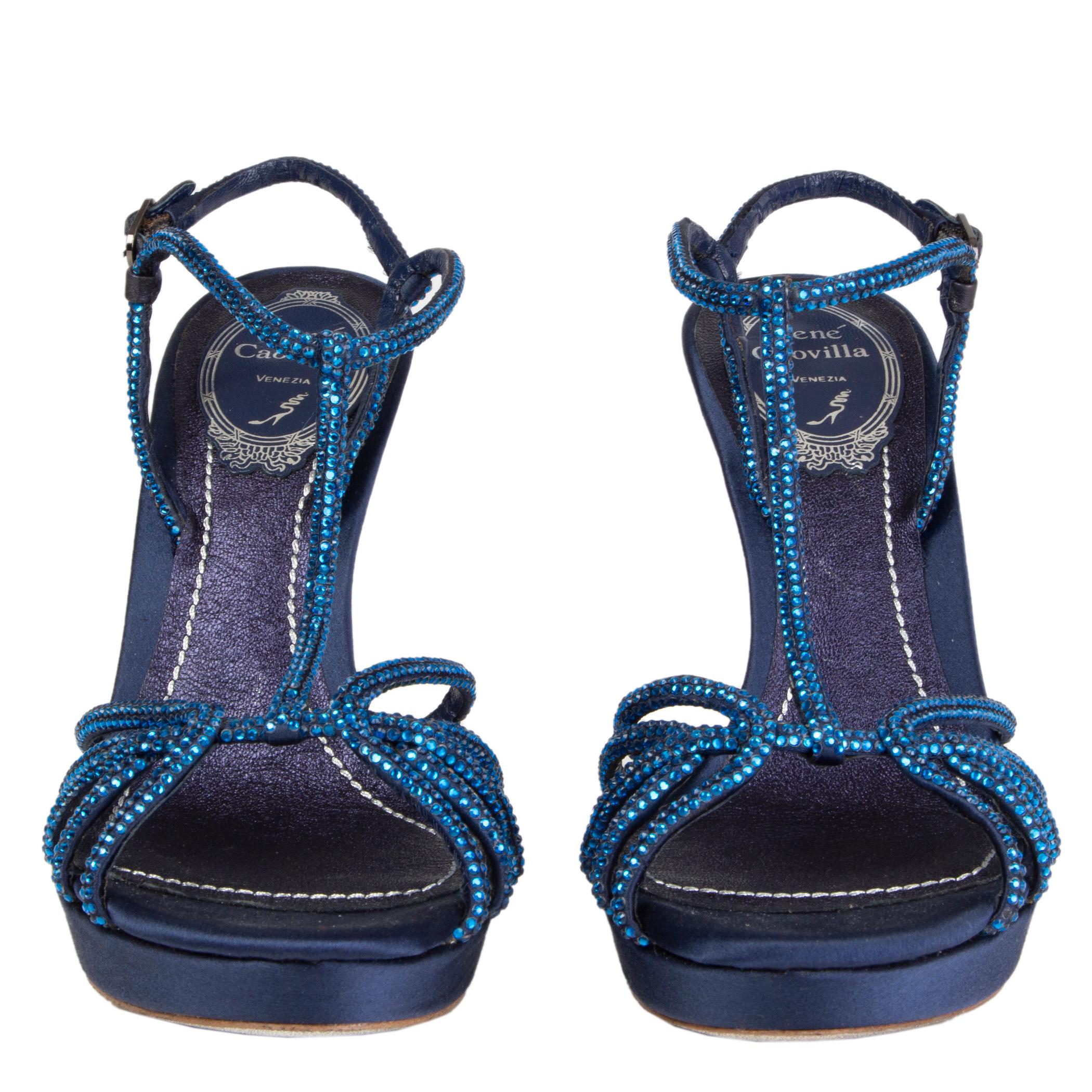 100% authentic René Caovilla platform sandals in midnight blue satin and blue rhinestones. Close with a buckle around ankle. Brand new. 

Measurements
Imprinted Size	36
Shoe Size	36
Inside Sole	23cm (9in)
Width	7.5cm (2.9in)
Heel	12cm
