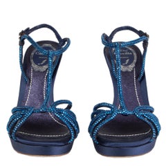 RENE CAOVILLA navy blue SATIN & RHINESTONE PLATFORM Sandals Shoes 36