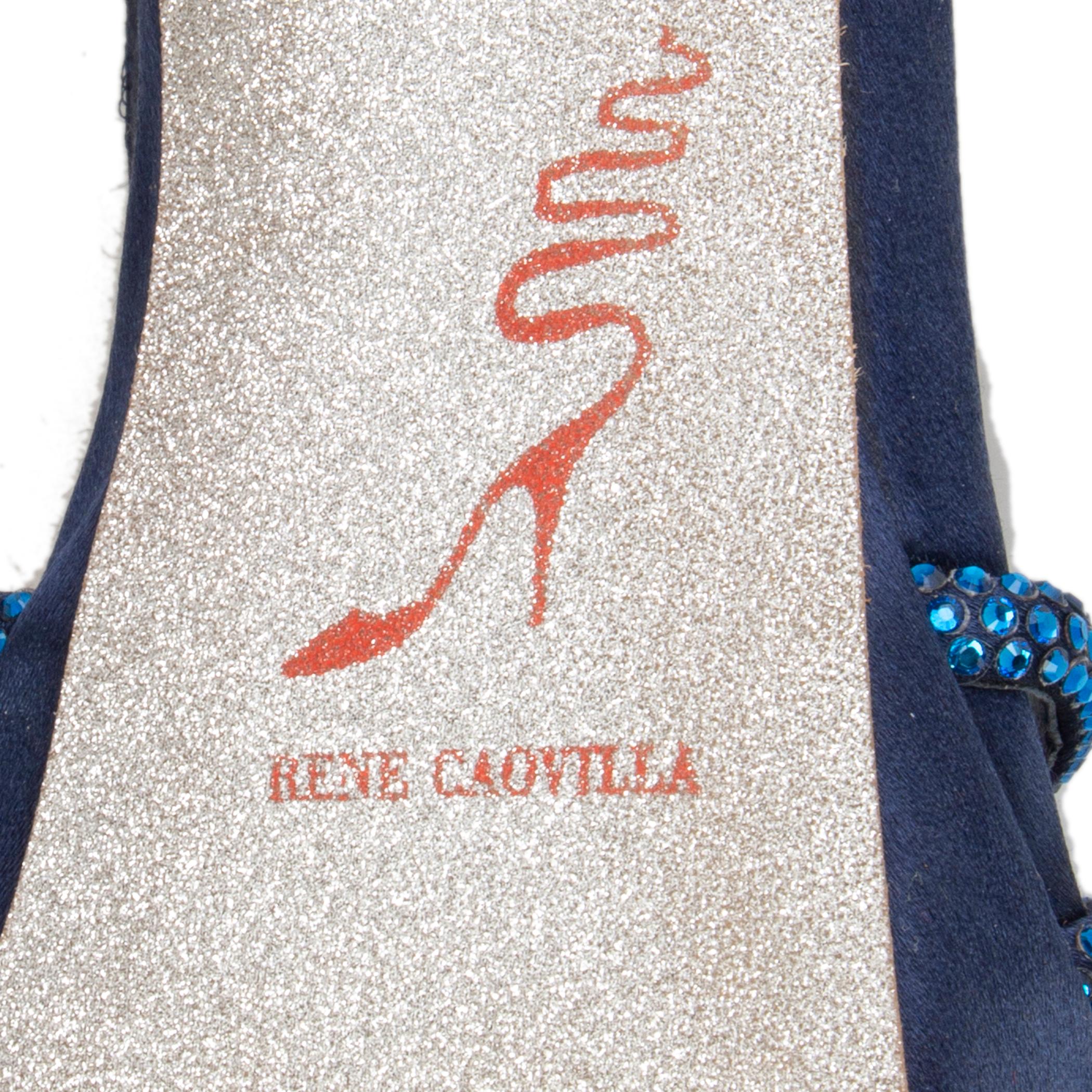 Blue RENE CAOVILLA navy blue SATIN & RHINESTONE PLATFORM Sandals Shoes 36