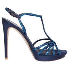 RENE CAOVILLA navy blue SATIN & RHINESTONE PLATFORM Sandals Shoes 36