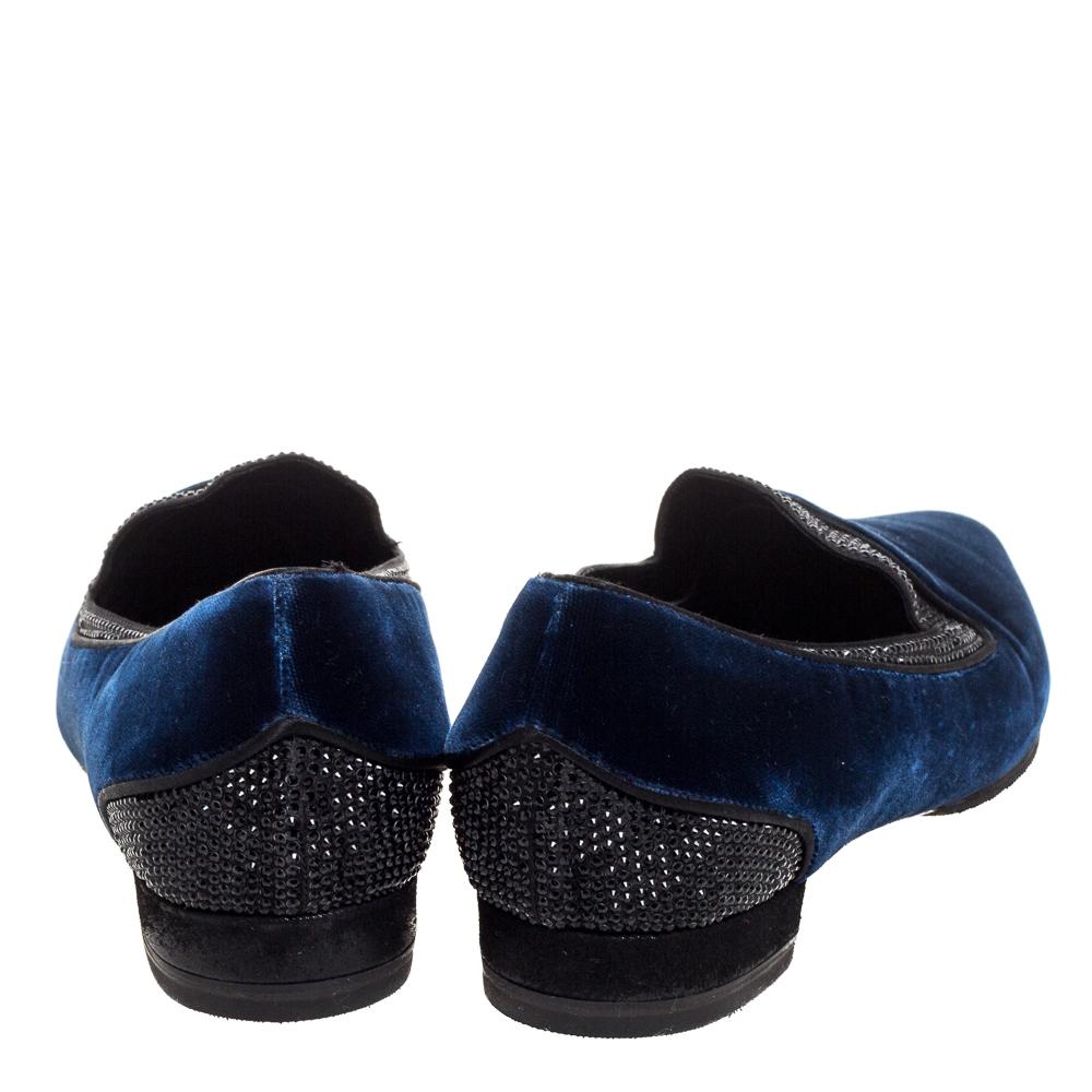 Black René Caovilla Navy Blue Velvet Crystal Embellished Smoking Slippers Size 35
