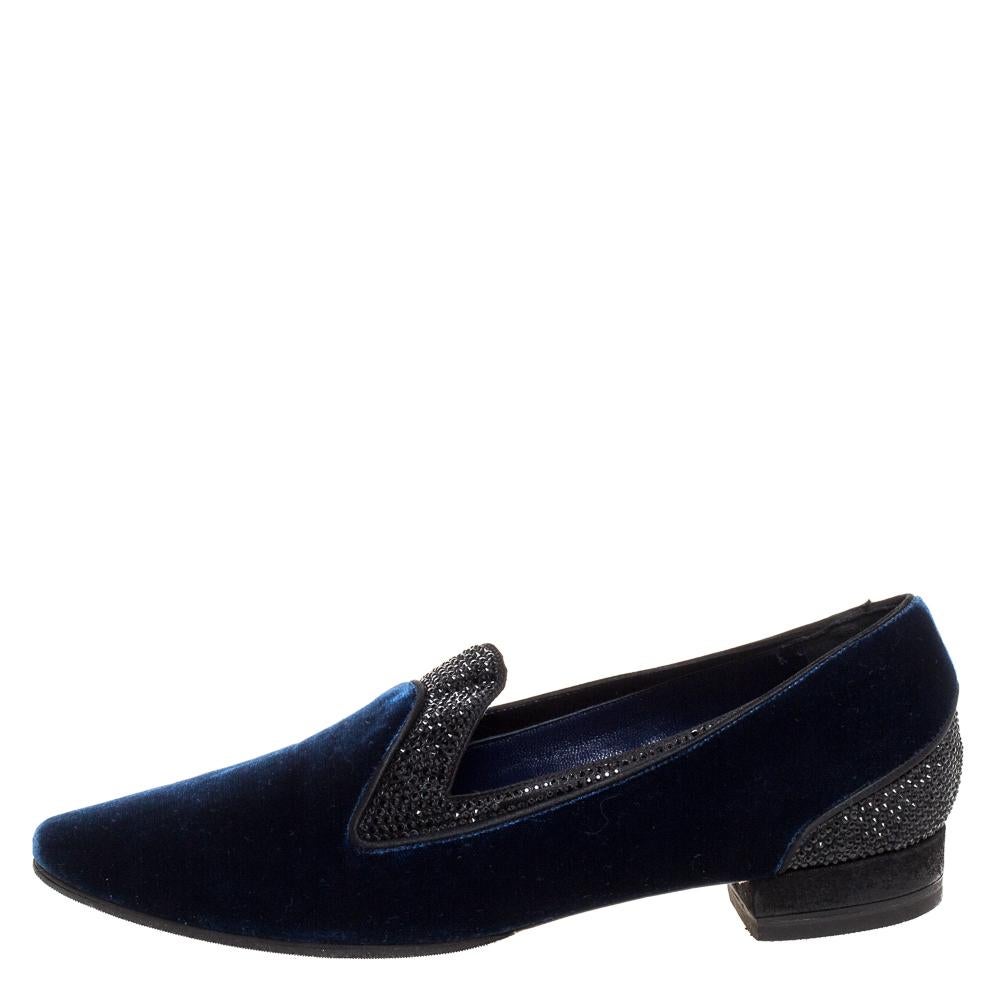 Women's René Caovilla Navy Blue Velvet Crystal Embellished Smoking Slippers Size 35